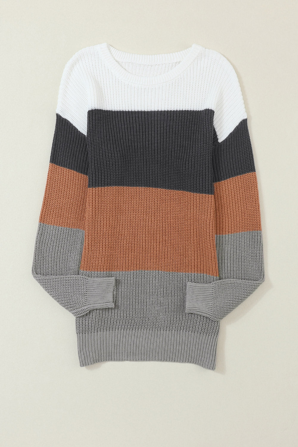 Khaki color block knitted pullover sweater with crew neck and long sleeves, showcasing a stylish design perfect for fall and winter.