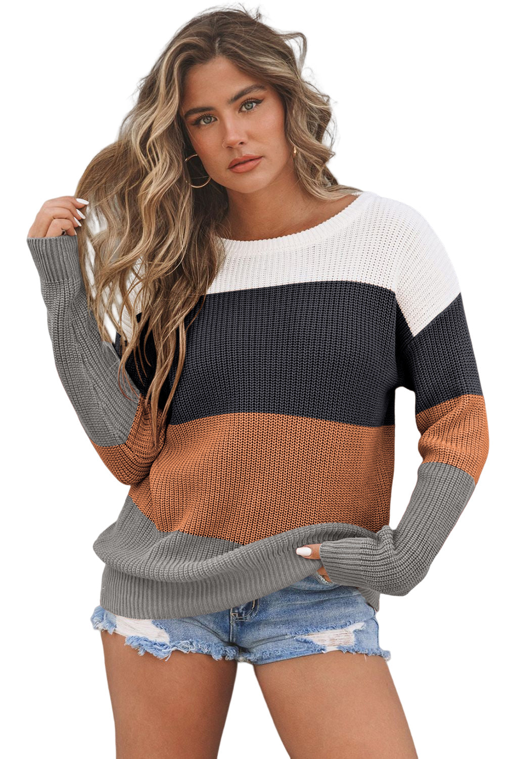 Khaki color block knitted pullover sweater with crew neck and long sleeves, showcasing a stylish design perfect for fall and winter.