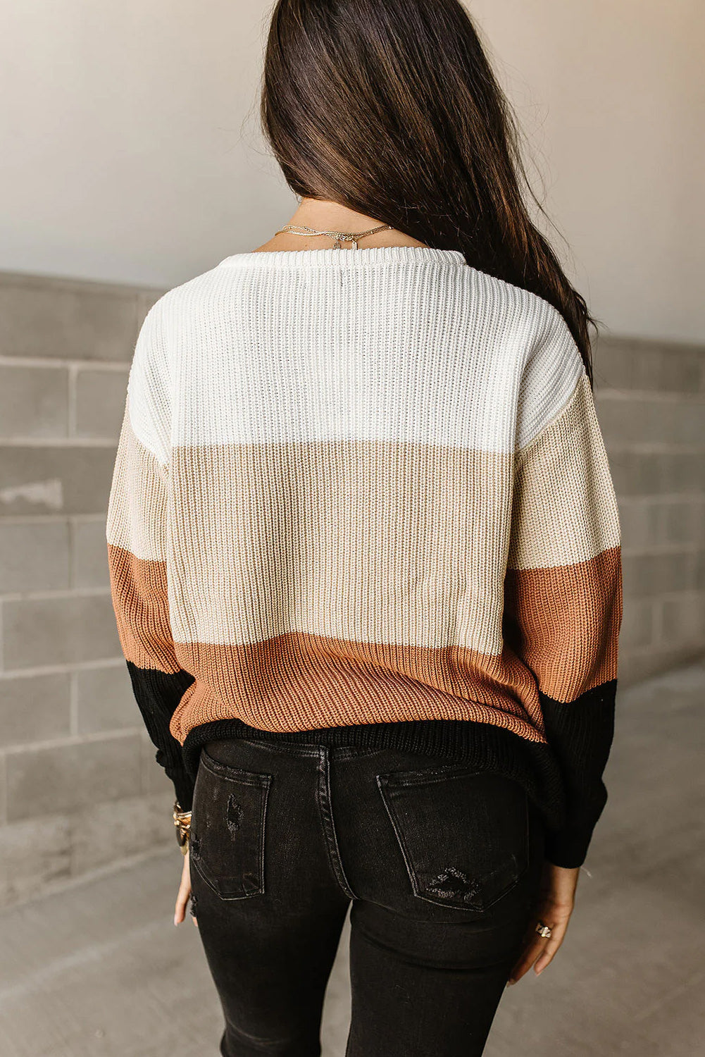 Khaki color block knitted pullover sweater with crew neck and long sleeves, showcasing a stylish design perfect for fall and winter.