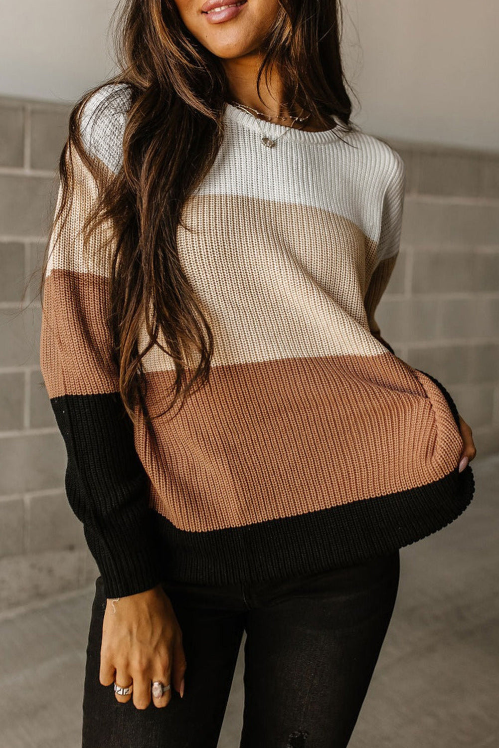 Khaki color block knitted pullover sweater with crew neck and long sleeves, showcasing a stylish design perfect for fall and winter.