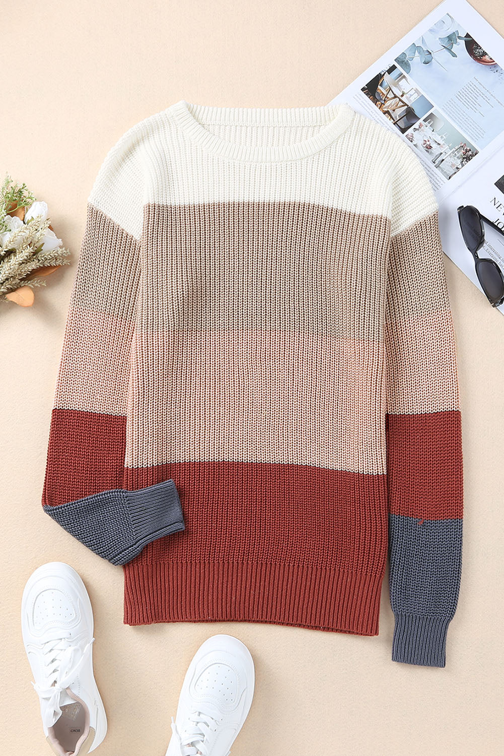 Khaki color block knitted pullover sweater with crew neck and long sleeves, showcasing a stylish design perfect for fall and winter.