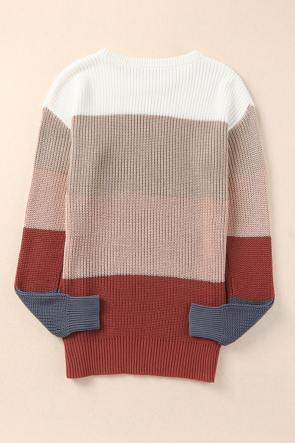 Khaki color block knitted pullover sweater with crew neck and long sleeves, showcasing a stylish design perfect for fall and winter.