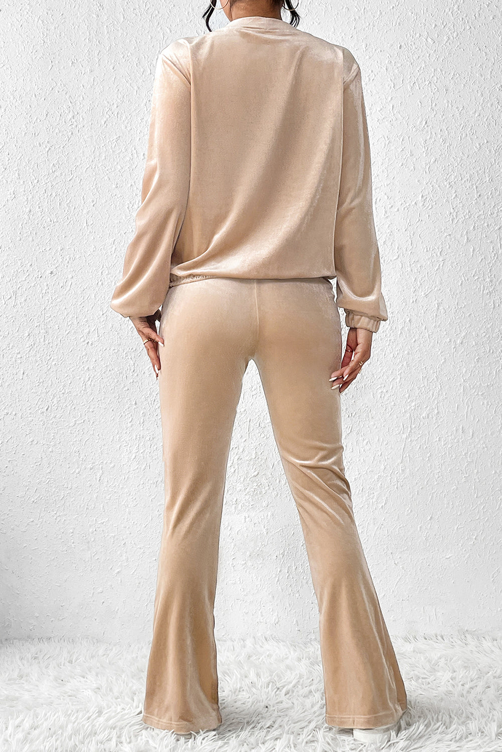 Khaki Drape V Neck Split Bottom Velvet Pants Set featuring a long sleeve top with a dropped V-neckline and matching skinny pants with stylish slits.