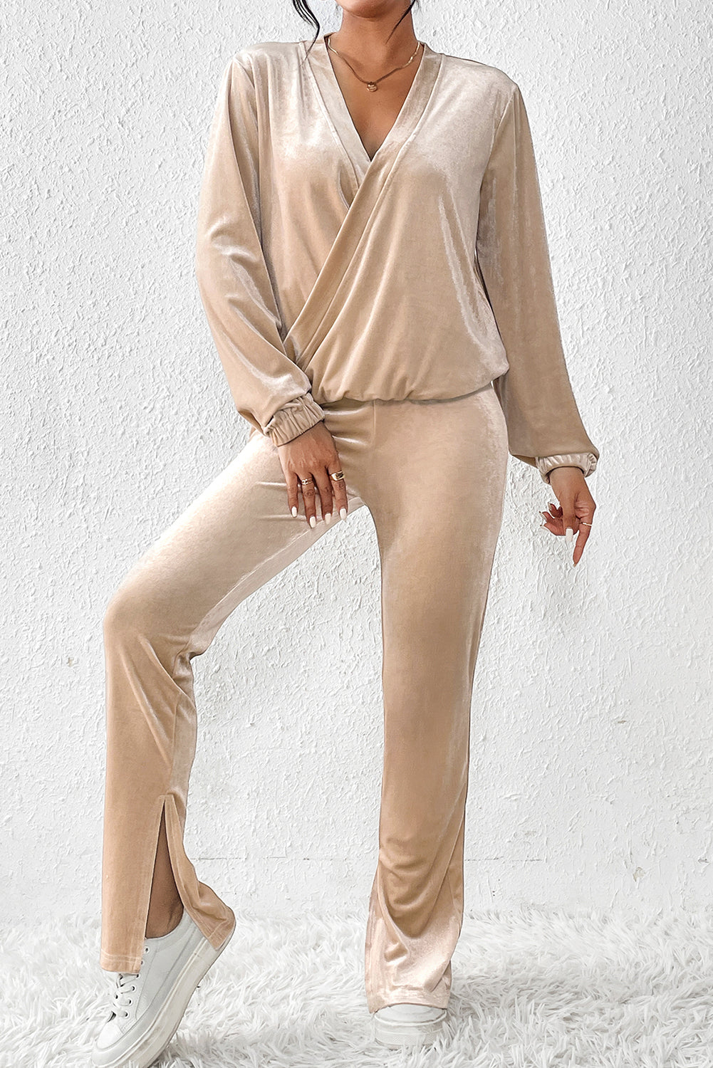 Khaki Drape V Neck Split Bottom Velvet Pants Set featuring a long sleeve top with a dropped V-neckline and matching skinny pants with stylish slits.