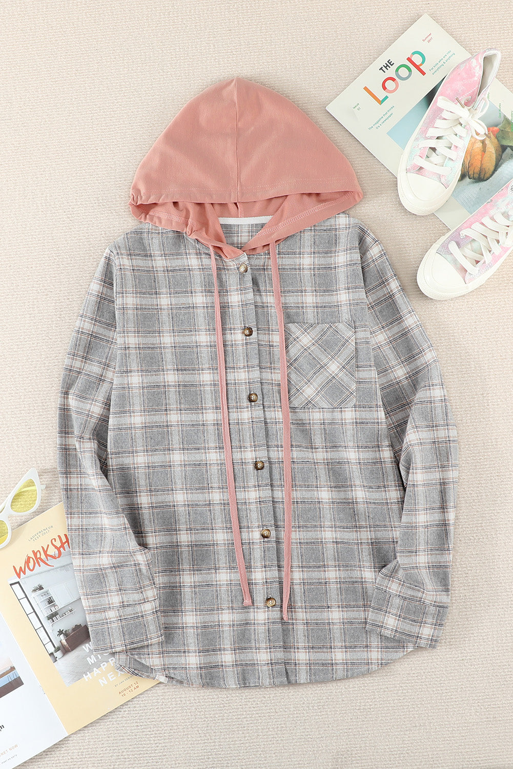 Khaki Drawstring Plaid Hooded Shacket featuring a stylish plaid pattern, hood, and drawstring for a chic look.