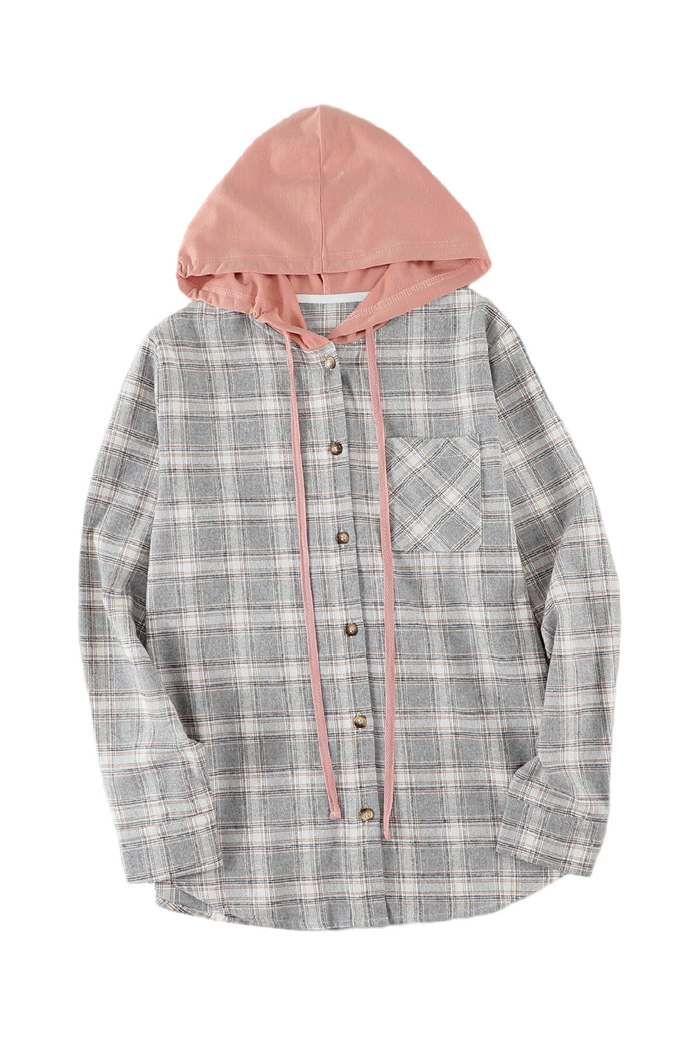 Khaki Drawstring Plaid Hooded Shacket featuring a stylish plaid pattern, hood, and drawstring for a chic look.