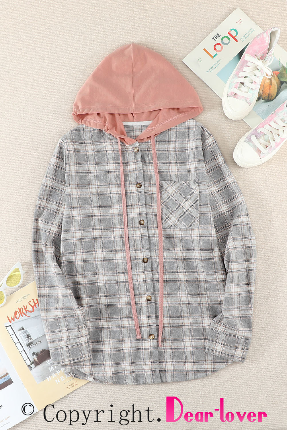 Khaki Drawstring Plaid Hooded Shacket featuring a stylish plaid pattern, hood, and drawstring for a chic look.