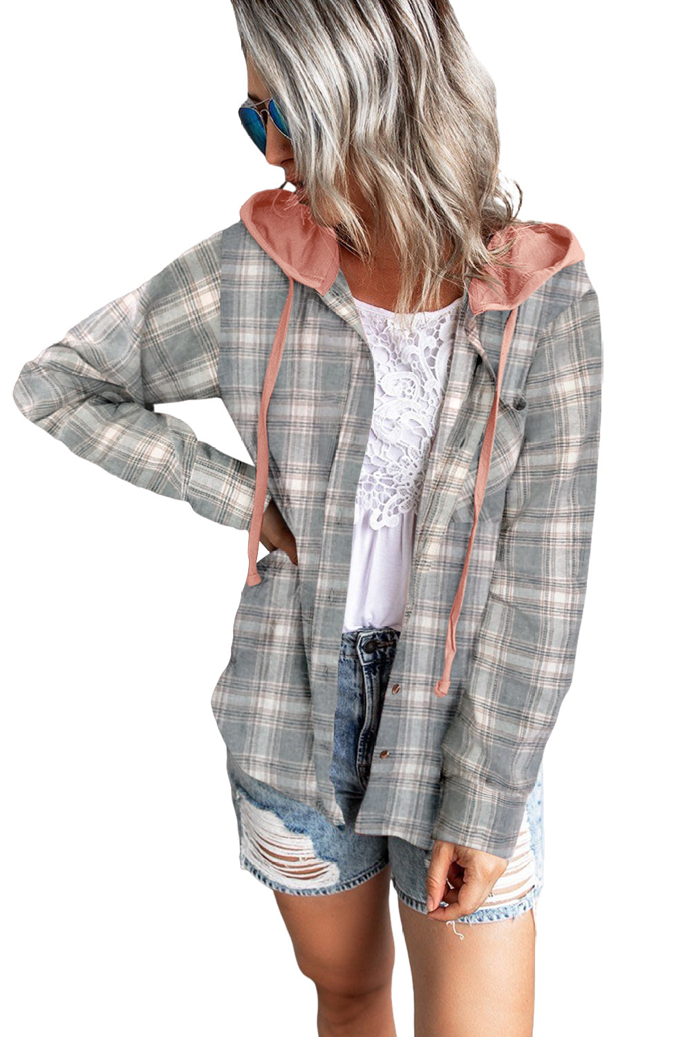 Khaki Drawstring Plaid Hooded Shacket featuring a stylish plaid pattern, hood, and drawstring for a chic look.