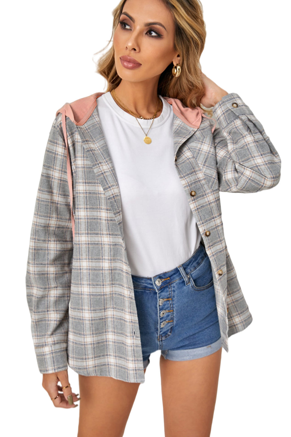 Khaki Drawstring Plaid Hooded Shacket featuring a stylish plaid pattern, hood, and drawstring for a chic look.