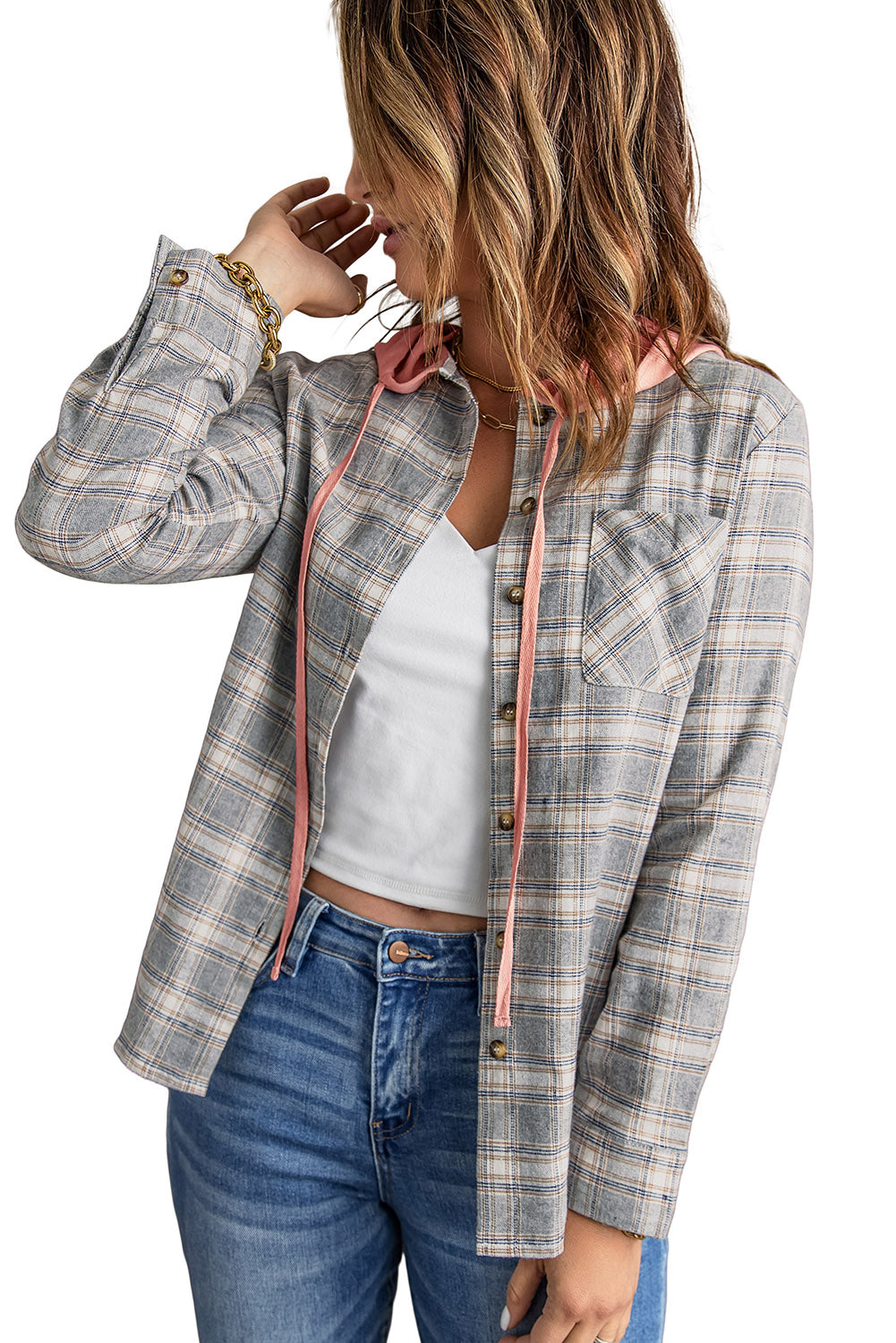 Khaki Drawstring Plaid Hooded Shacket featuring a stylish plaid pattern, hood, and drawstring for a chic look.