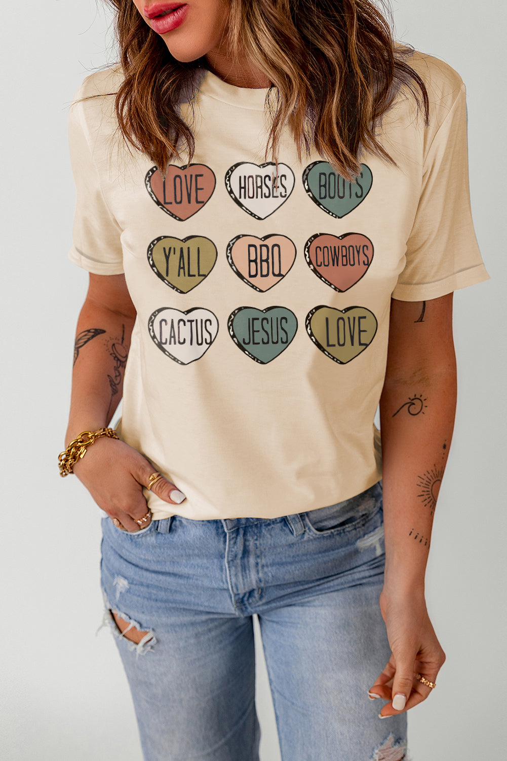 Khaki Heart Shaped Graphic Cowgirl T-Shirt featuring a playful heart design, perfect for casual wear.