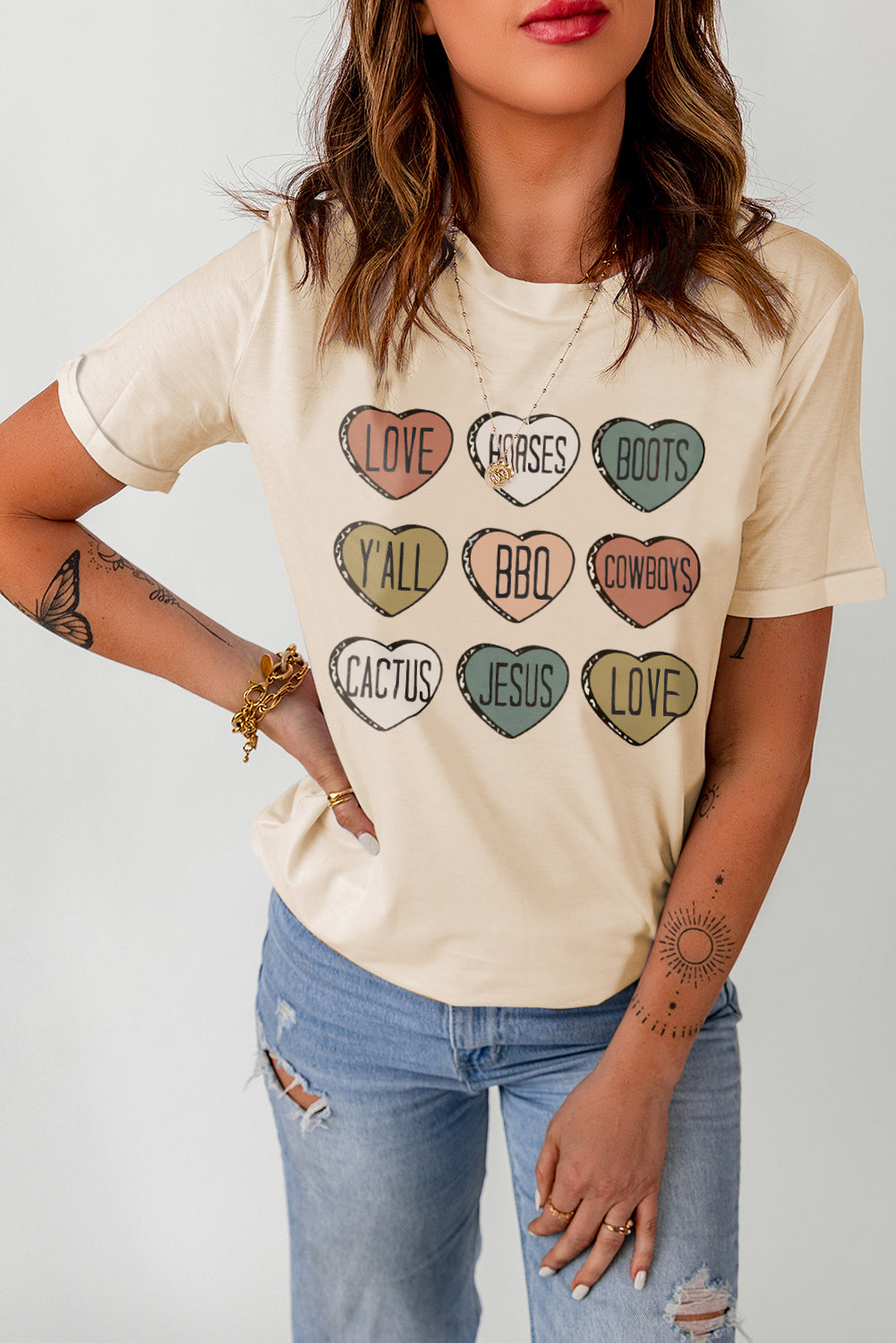 Khaki Heart Shaped Graphic Cowgirl T-Shirt featuring a playful heart design, perfect for casual wear.