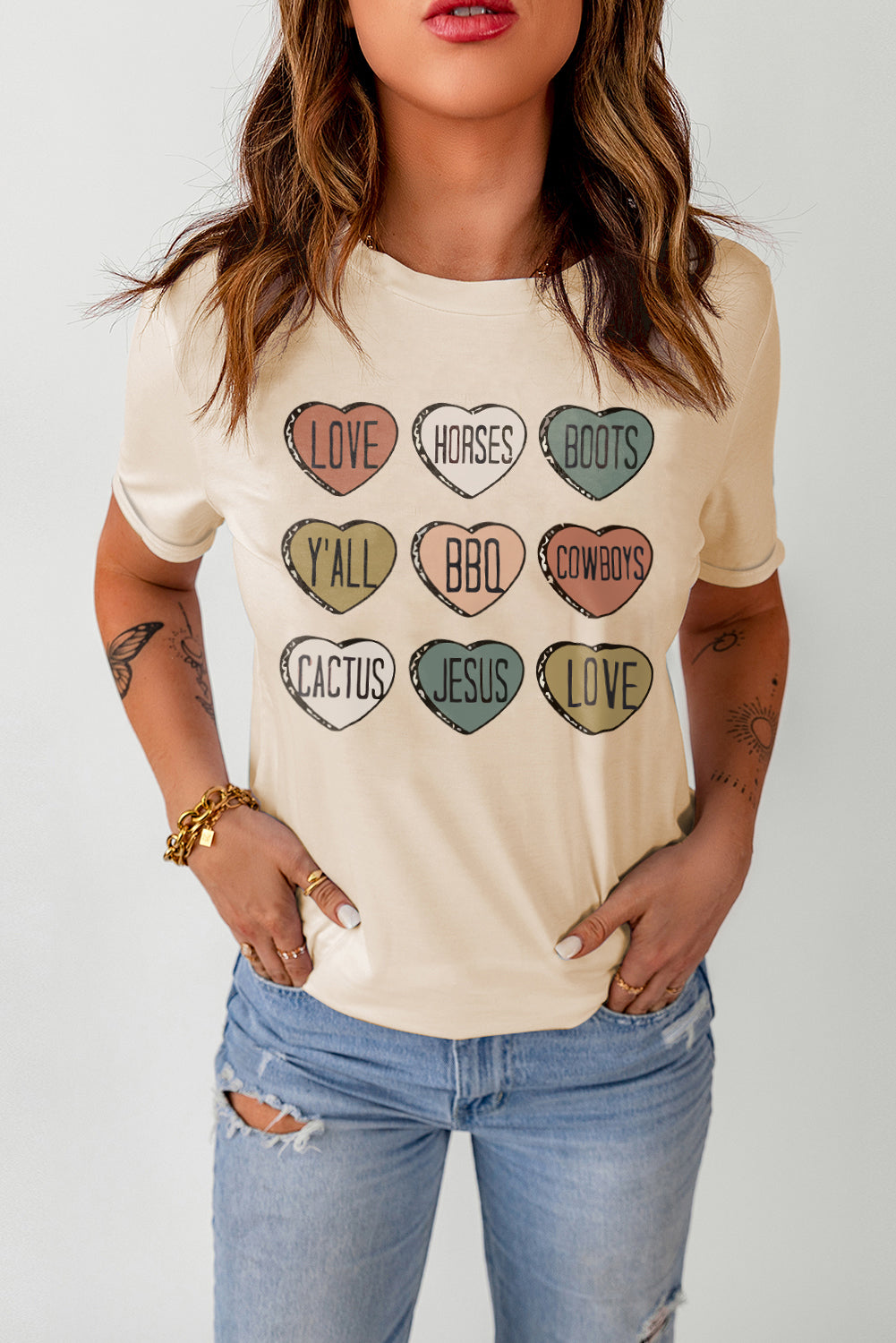 Khaki Heart Shaped Graphic Cowgirl T-Shirt featuring a playful heart design, perfect for casual wear.