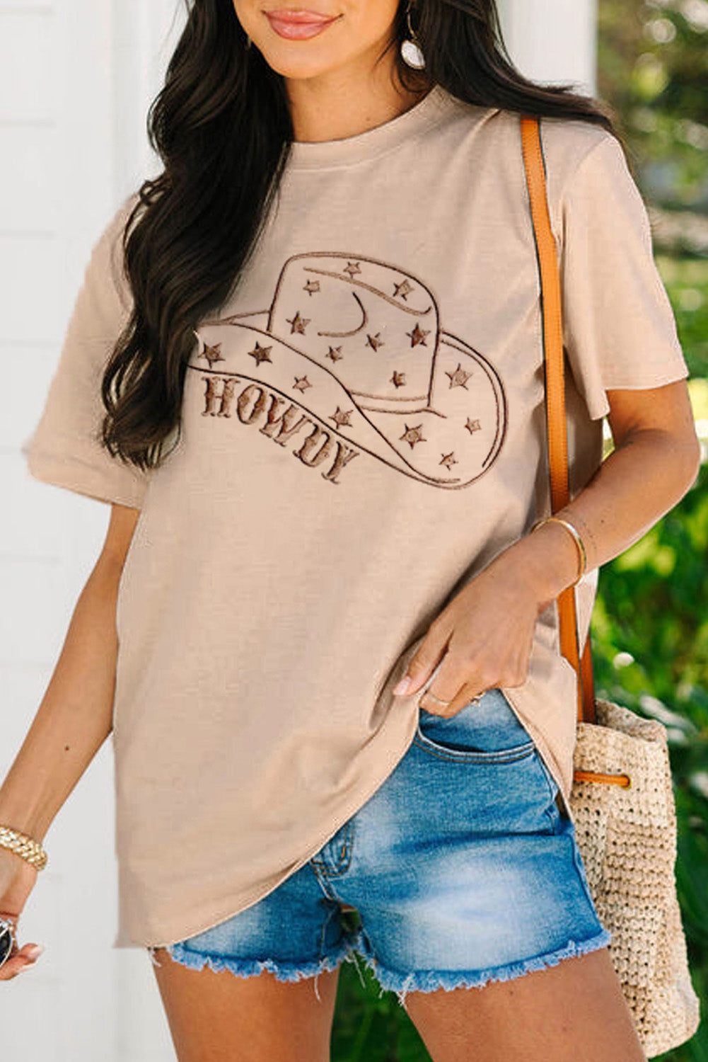 Khaki HOWDY Cowboy Hat Embroidered Graphic Tee featuring a stylish cowboy hat design, perfect for casual wear.