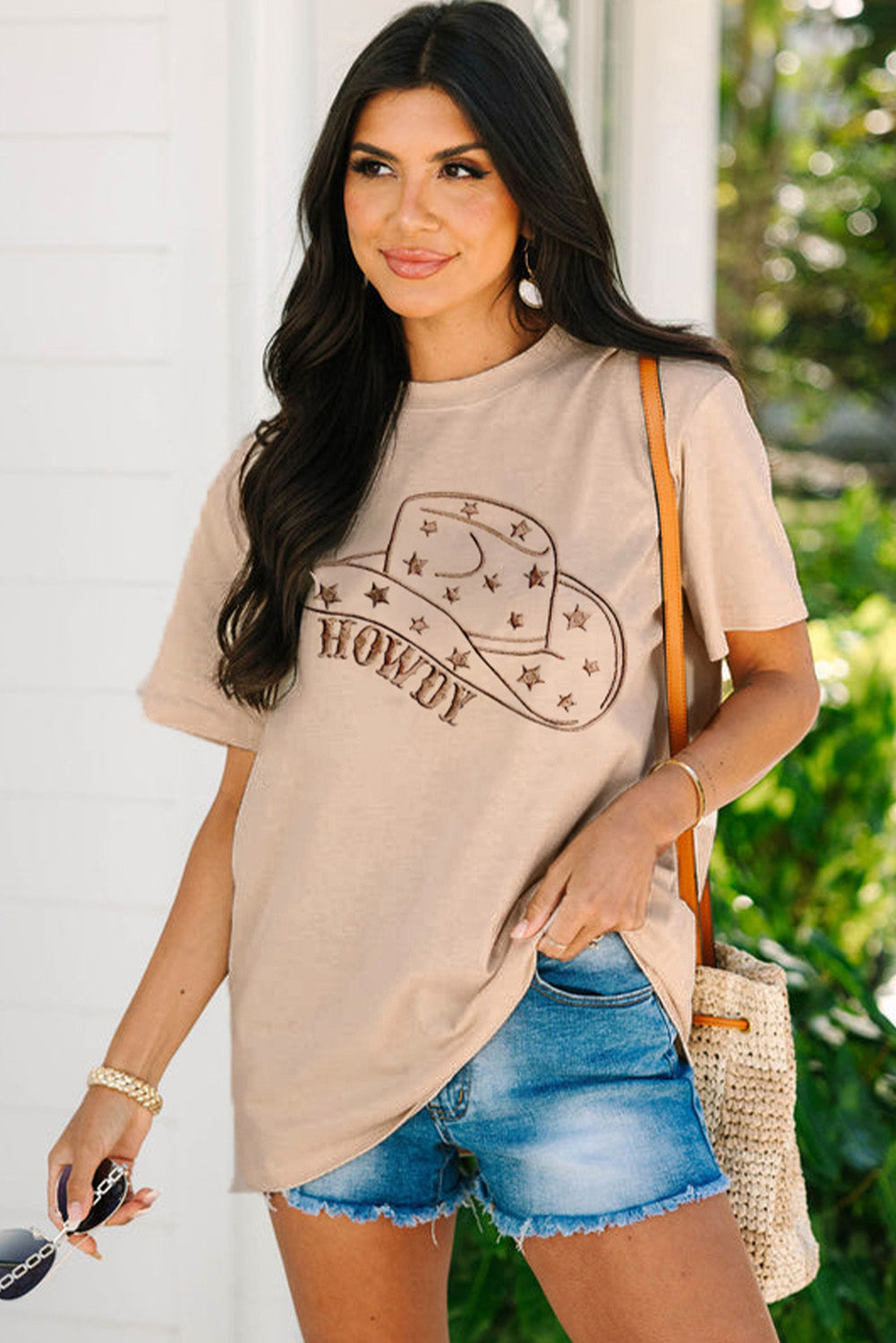 Khaki HOWDY Cowboy Hat Embroidered Graphic Tee featuring a stylish cowboy hat design, perfect for casual wear.