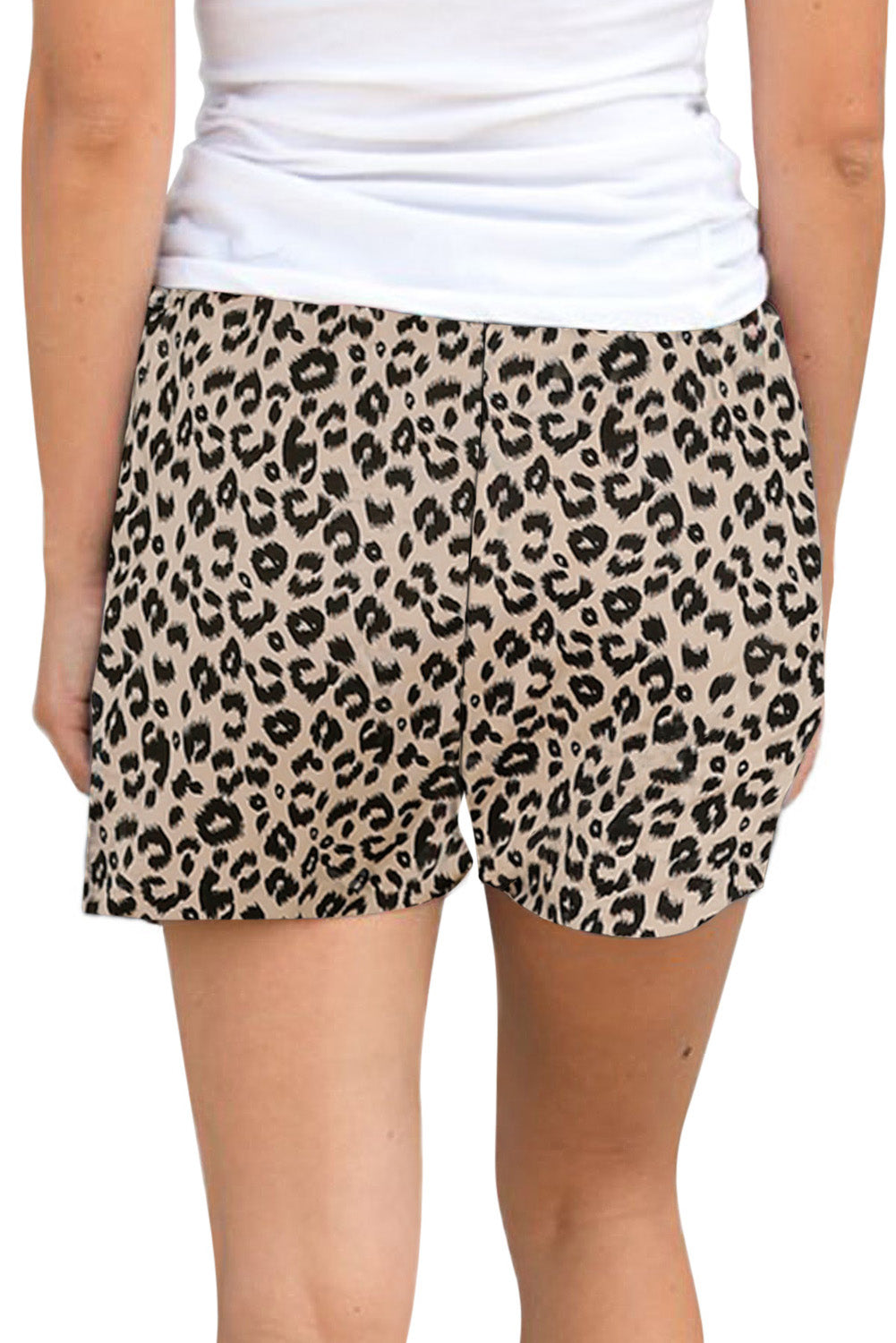 Khaki leopard print drawstring waist shorts displayed on a white background, showcasing the trendy design and adjustable waistband.