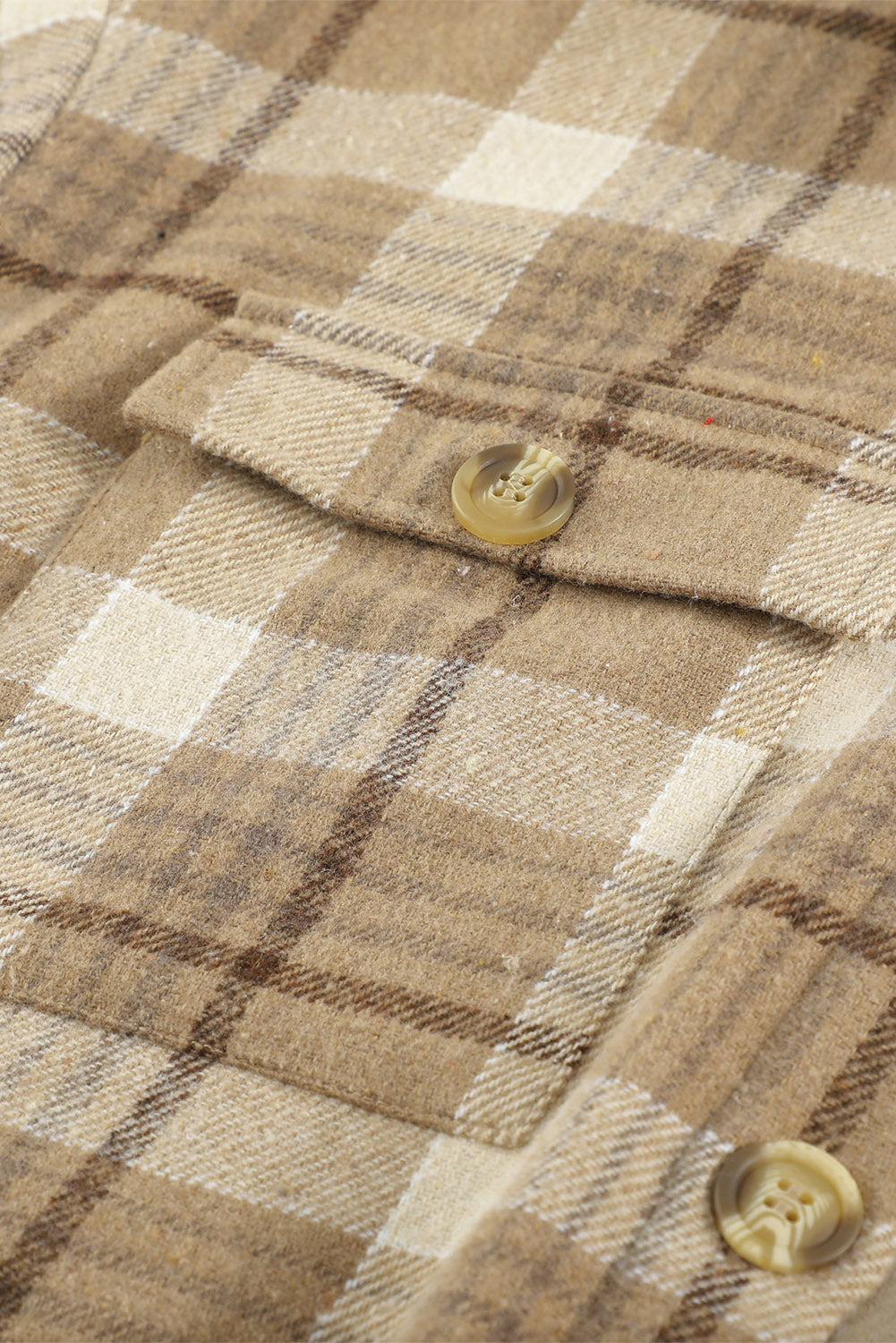 Khaki plaid shirt hooded jacket with flap pockets and buttons, perfect for chilly weather.