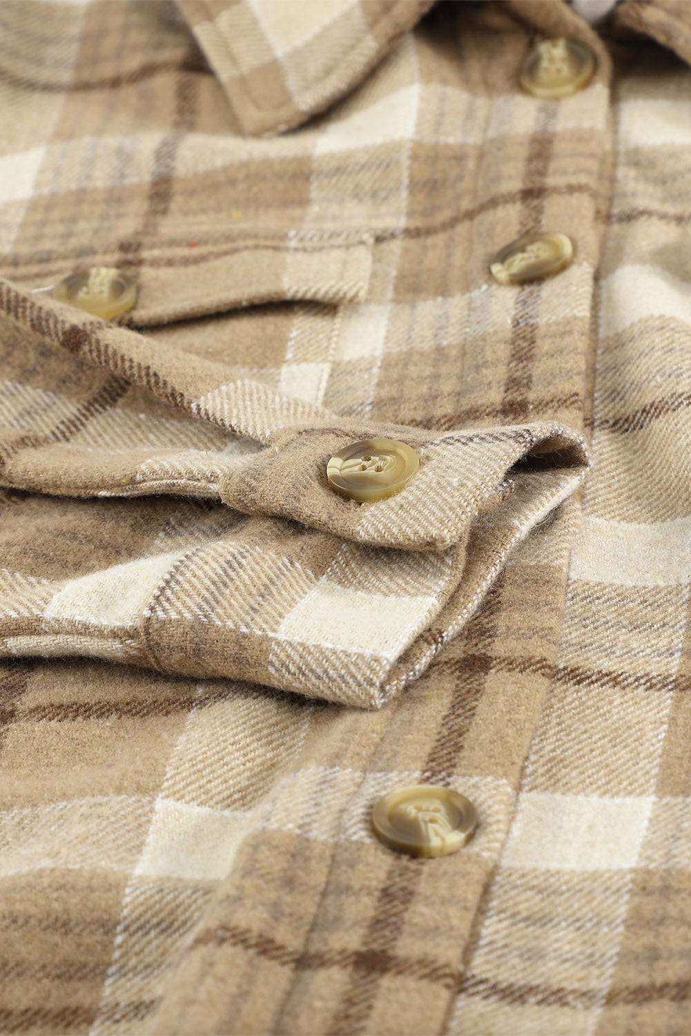 Khaki plaid shirt hooded jacket with flap pockets and buttons, perfect for chilly weather.