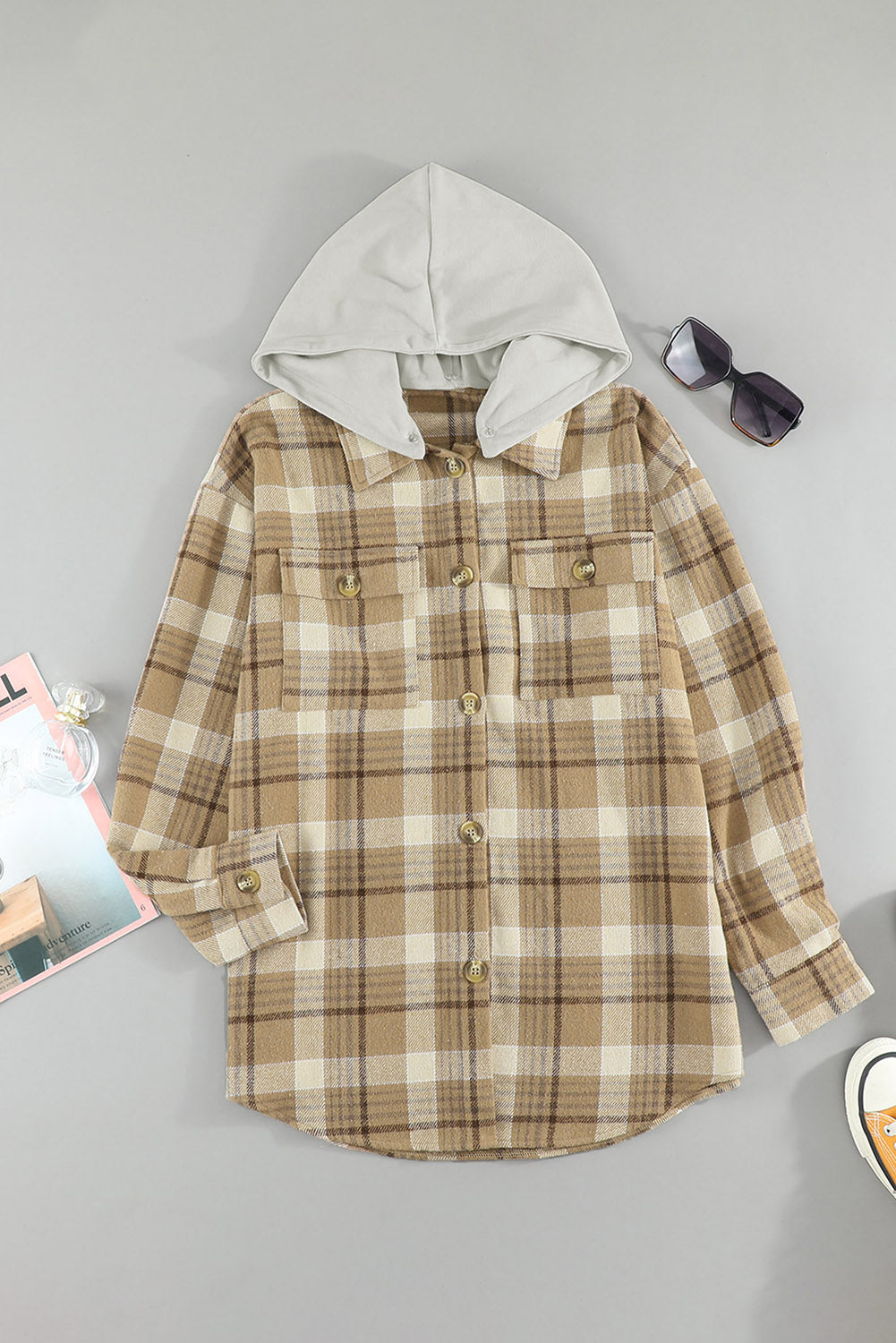 Khaki plaid shirt hooded jacket with flap pockets and buttons, perfect for chilly weather.