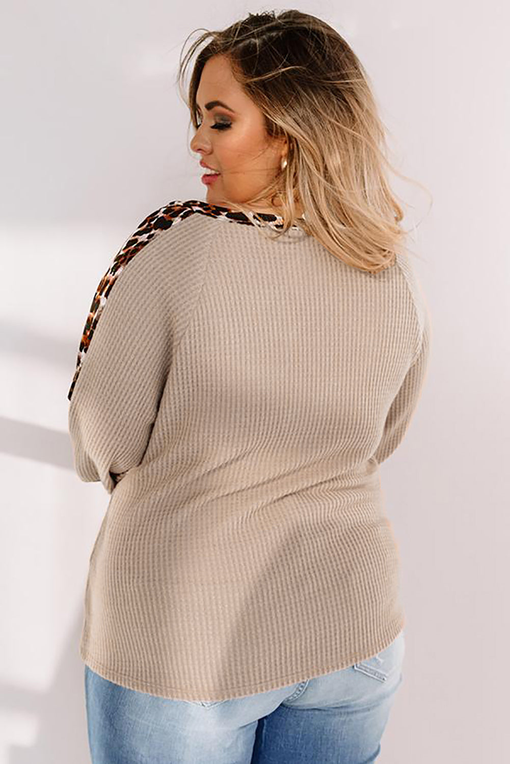 Khaki Plus Size Leopard Splicing Waffle Knit Top featuring waffle knit texture, leopard print accents, and relaxed silhouette.