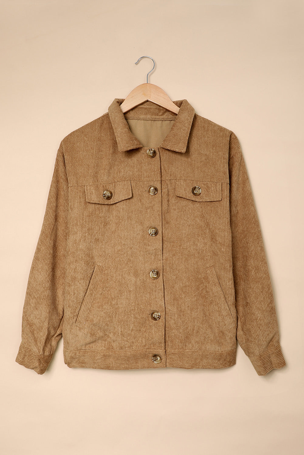 Khaki ribbed corduroy long sleeve jacket featuring a turn-down collar and multiple pockets, perfect for autumn wear.