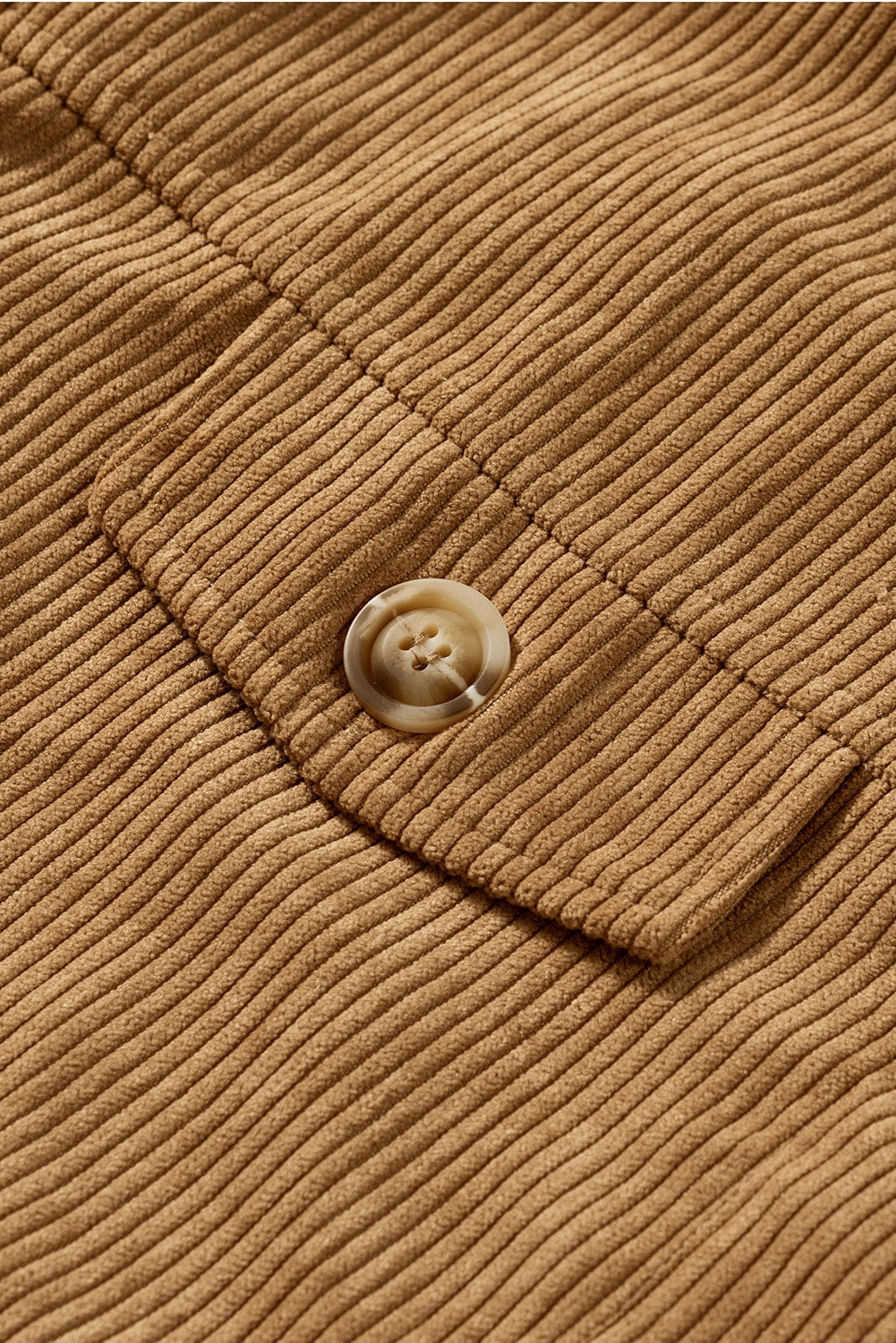 Khaki ribbed corduroy long sleeve jacket featuring a turn-down collar and multiple pockets, perfect for autumn wear.