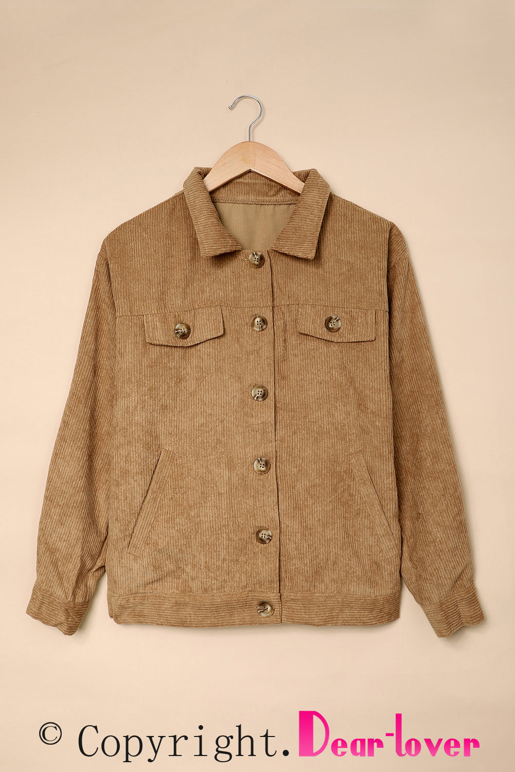 Khaki ribbed corduroy long sleeve jacket featuring a turn-down collar and multiple pockets, perfect for autumn wear.