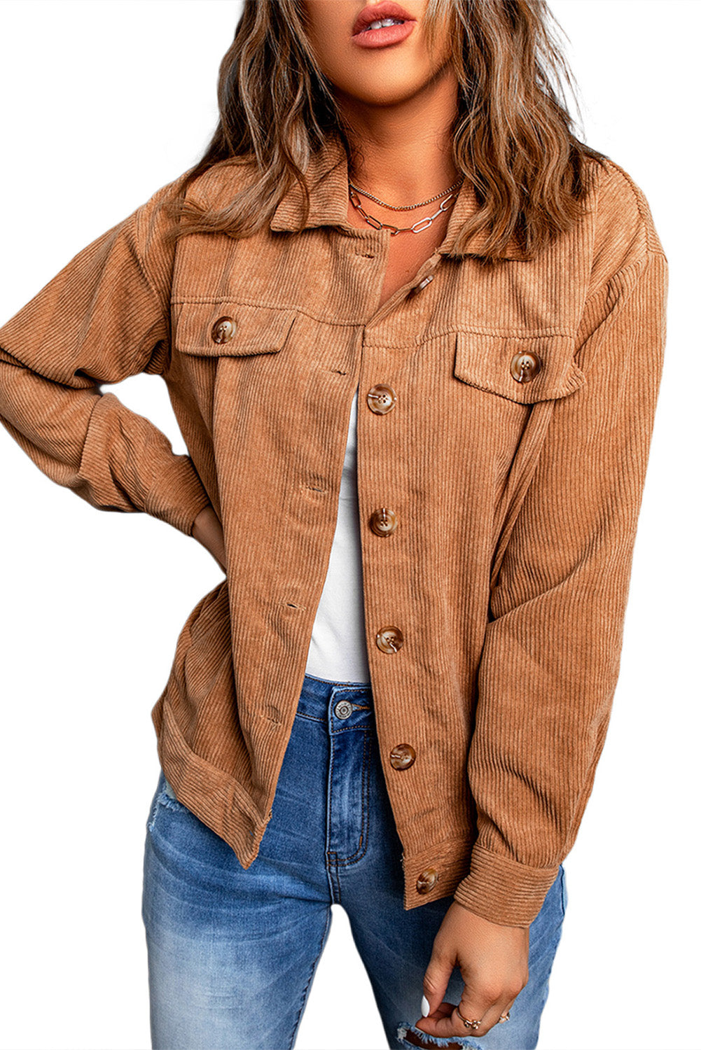 Khaki ribbed corduroy long sleeve jacket featuring a turn-down collar and multiple pockets, perfect for autumn wear.