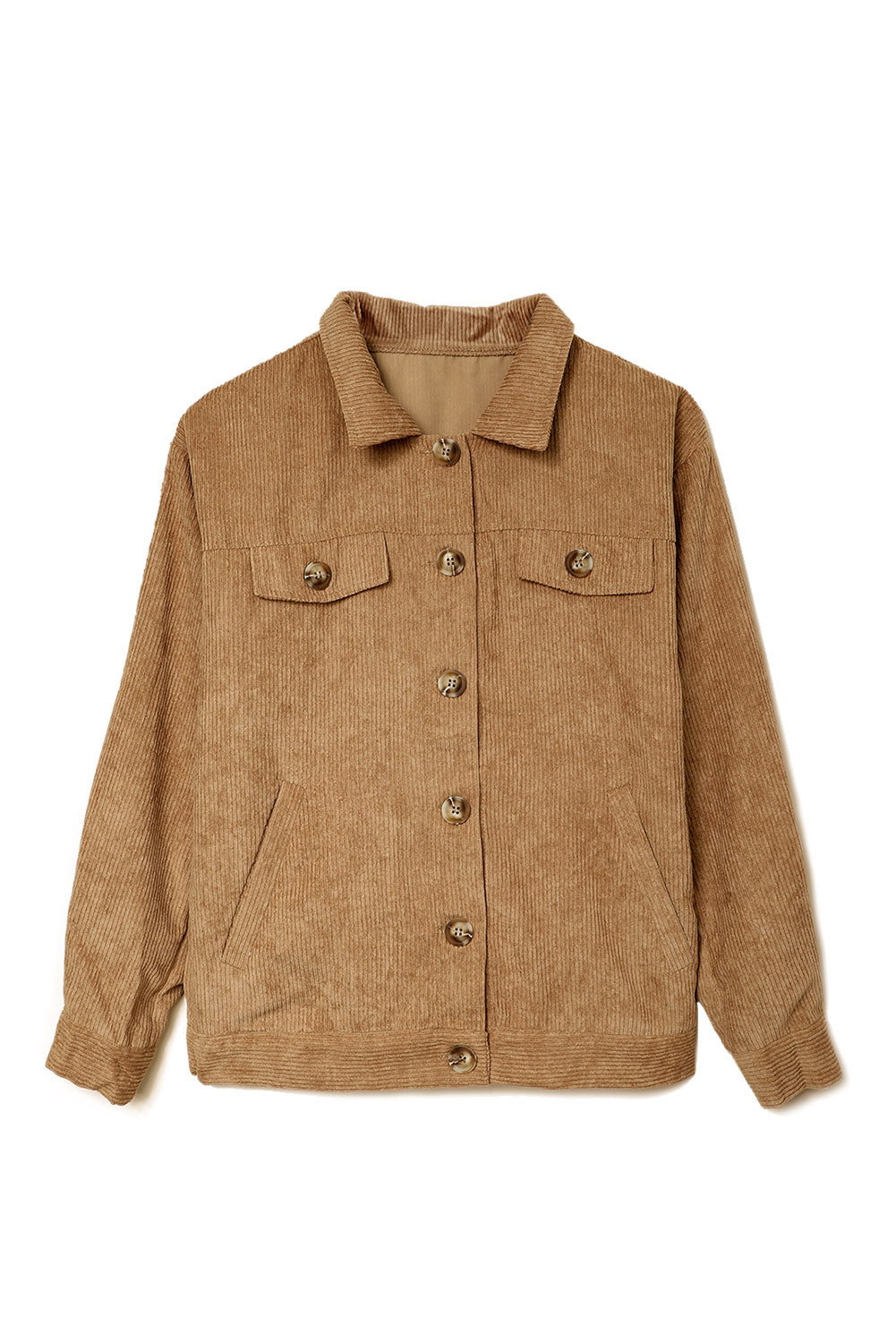 Khaki ribbed corduroy long sleeve jacket featuring a turn-down collar and multiple pockets, perfect for autumn wear.