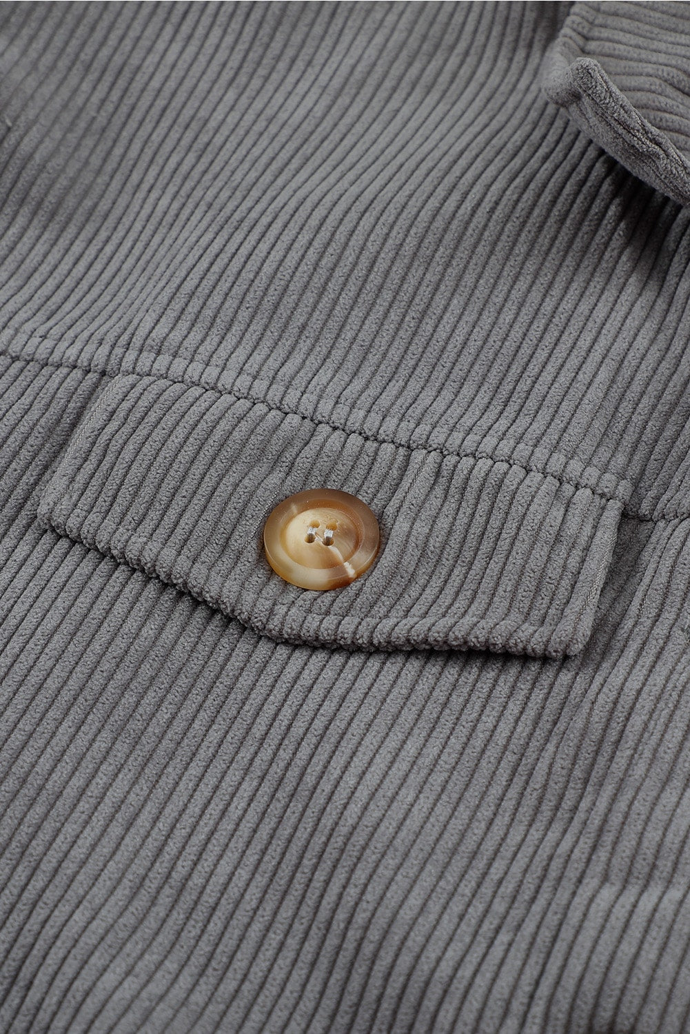 Khaki ribbed corduroy long sleeve jacket featuring a turn-down collar and multiple pockets, perfect for autumn wear.