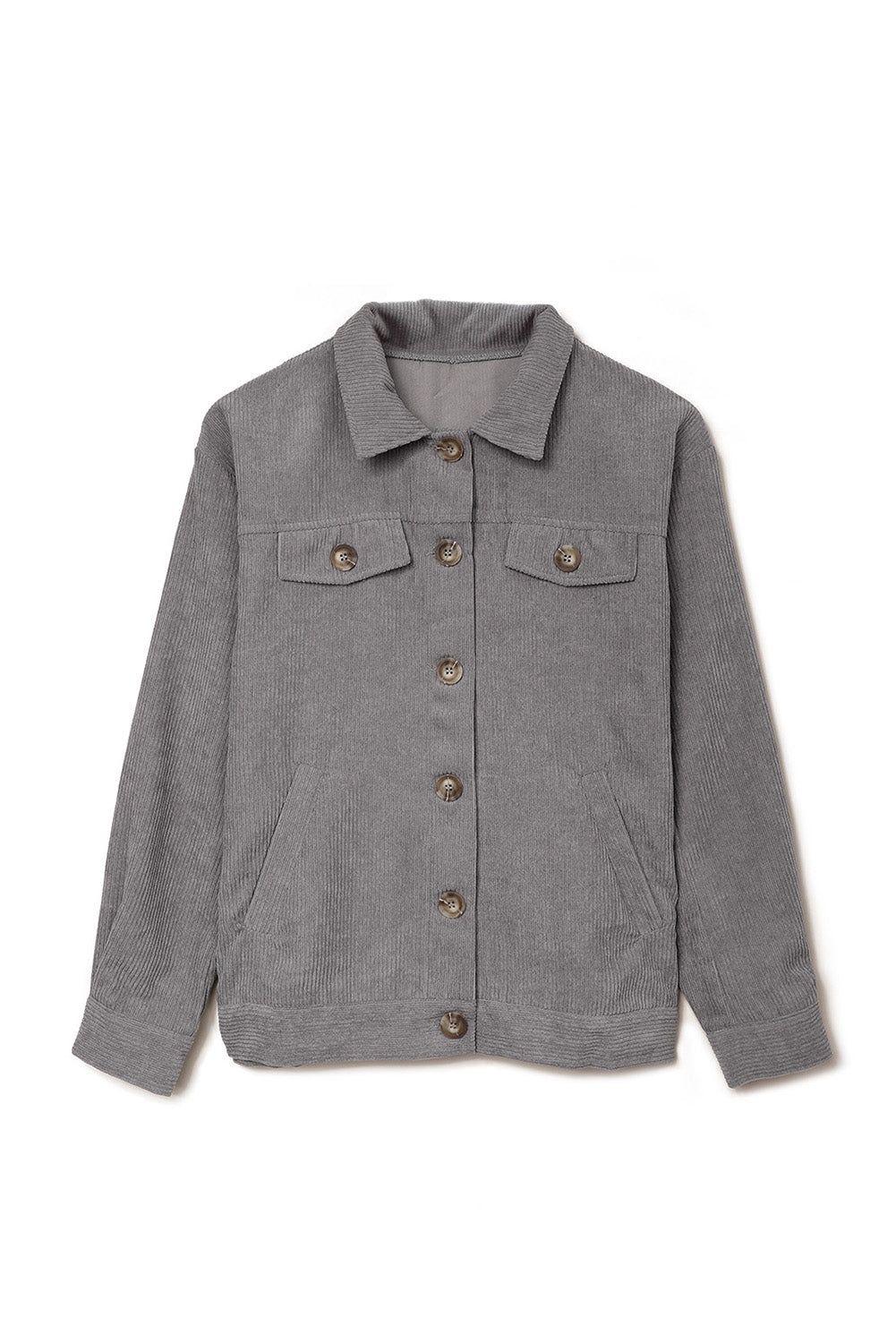 Khaki ribbed corduroy long sleeve jacket featuring a turn-down collar and multiple pockets, perfect for autumn wear.