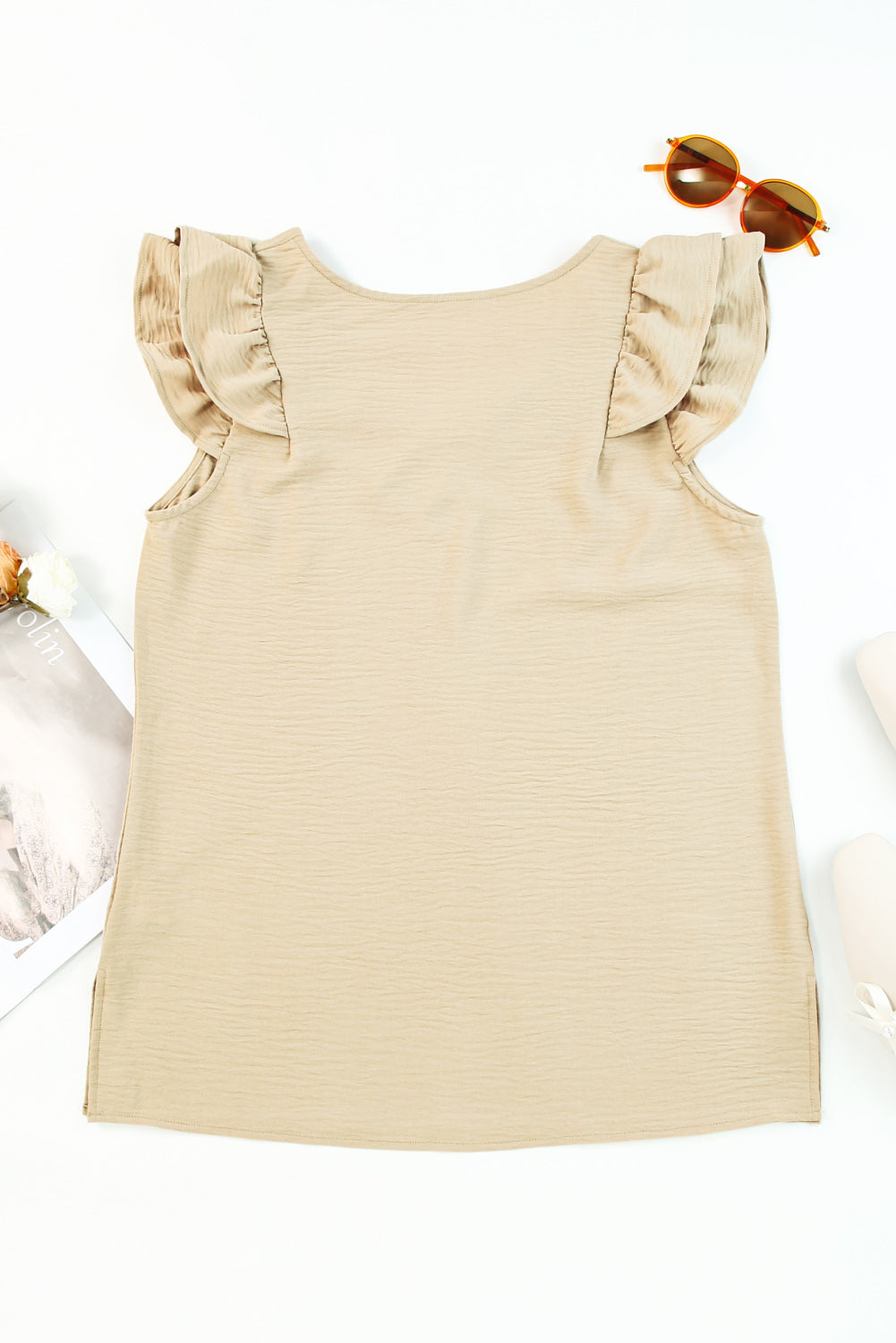 Khaki Ruffle Tiered Sleeve V Neck Tank Top featuring elegant ruffles and a stylish v-neckline, perfect for warm weather.