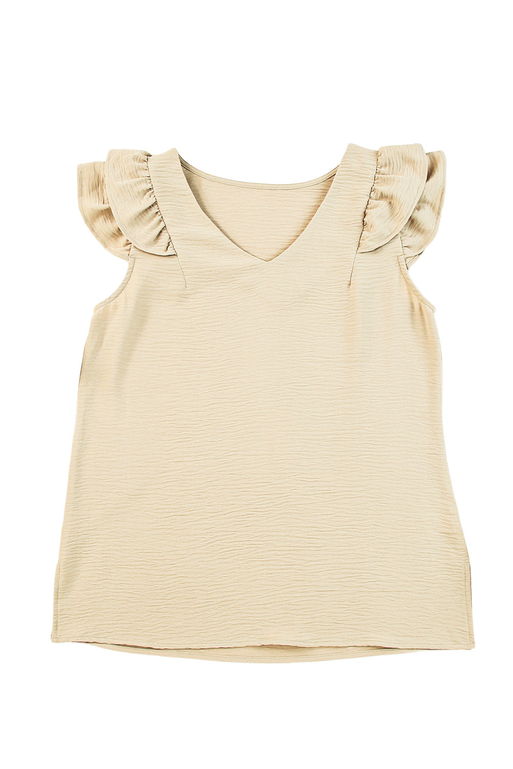 Khaki Ruffle Tiered Sleeve V Neck Tank Top featuring elegant ruffles and a stylish v-neckline, perfect for warm weather.