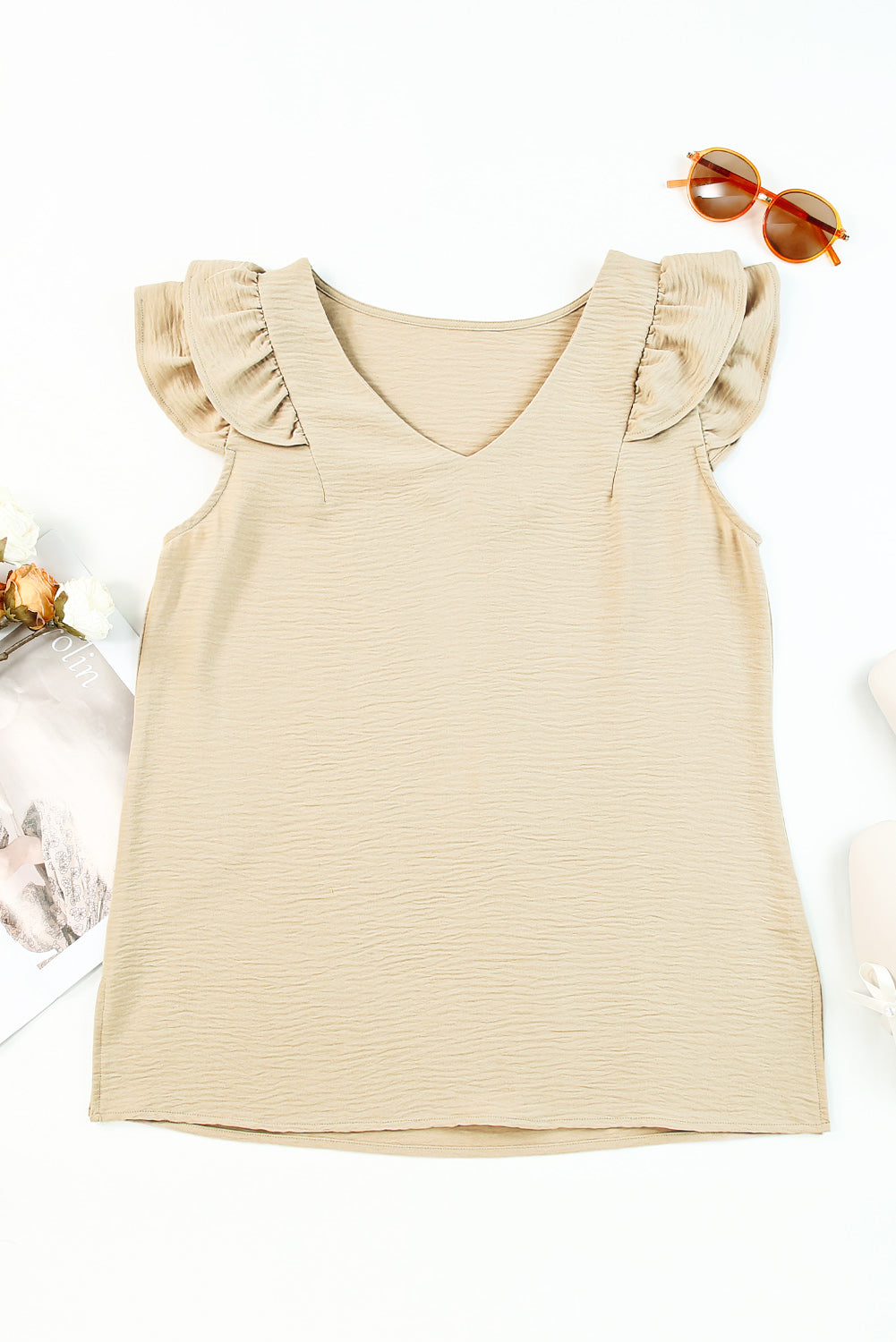 Khaki Ruffle Tiered Sleeve V Neck Tank Top featuring elegant ruffles and a stylish v-neckline, perfect for warm weather.