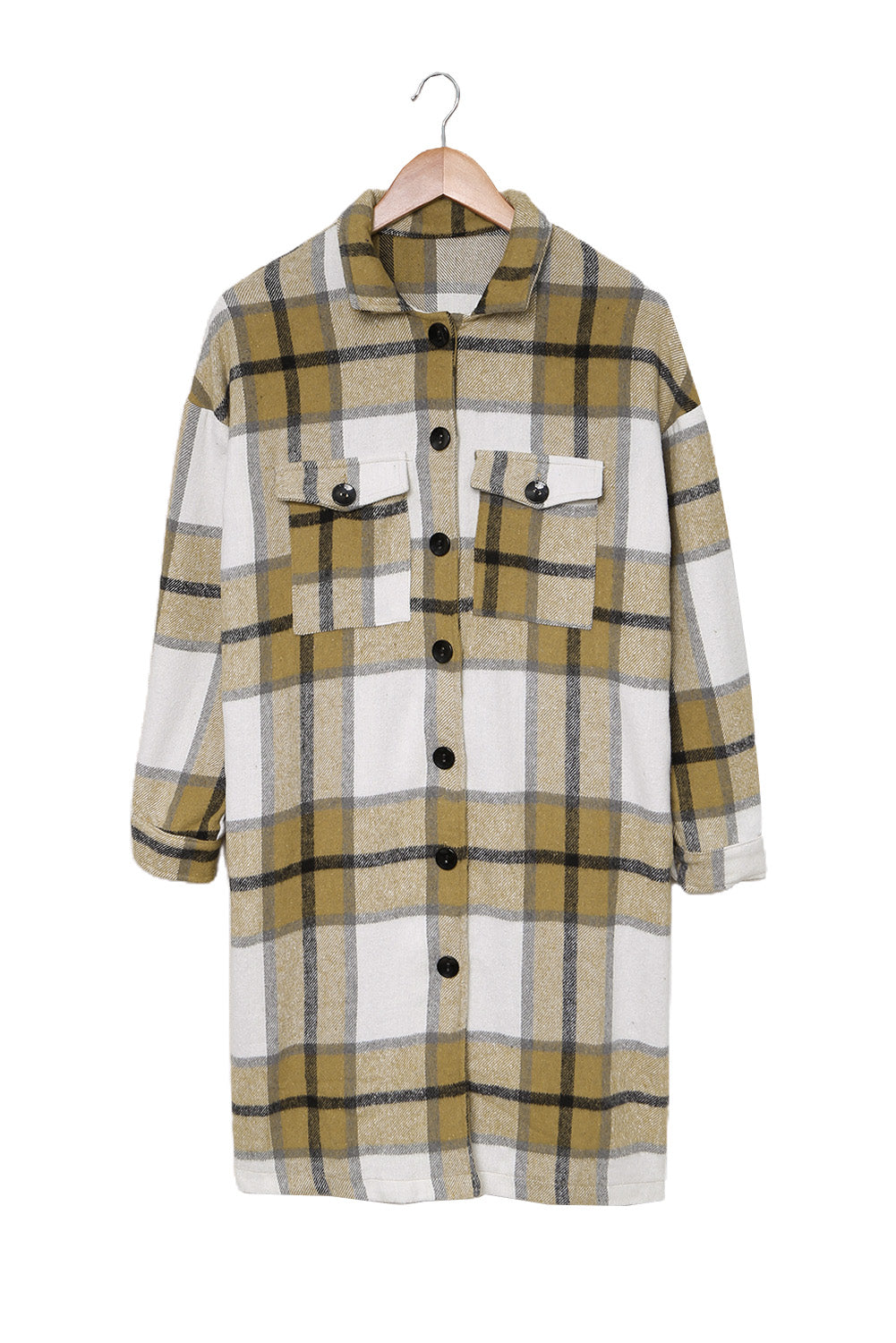 Khaki plaid coat with shirt collar and button closure, featuring two breast pockets and a relaxed fit.