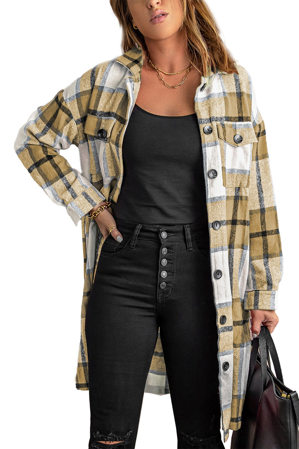 Khaki plaid coat with shirt collar and button closure, featuring two breast pockets and a relaxed fit.