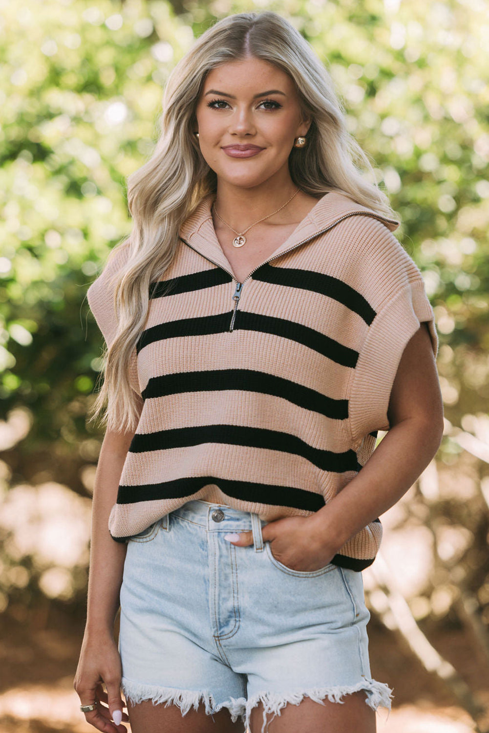 Khaki Stripe Zipped Collar Short Sleeve Sweater showcasing stylish design and zipped collar feature.