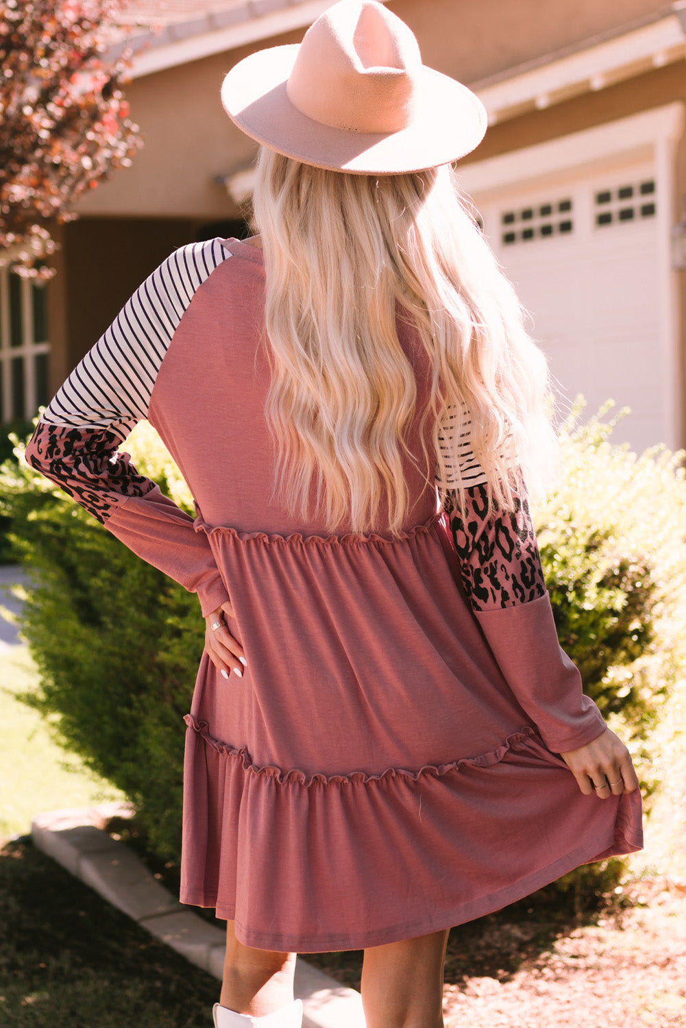 Khaki striped leopard patchwork long sleeve mini dress featuring a round neck, raglan sleeves, and a tiered frilled design.