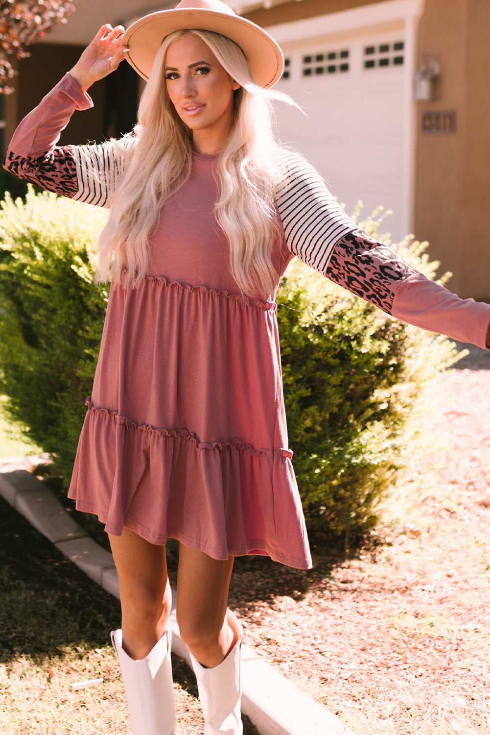 Khaki striped leopard patchwork long sleeve mini dress featuring a round neck, raglan sleeves, and a tiered frilled design.