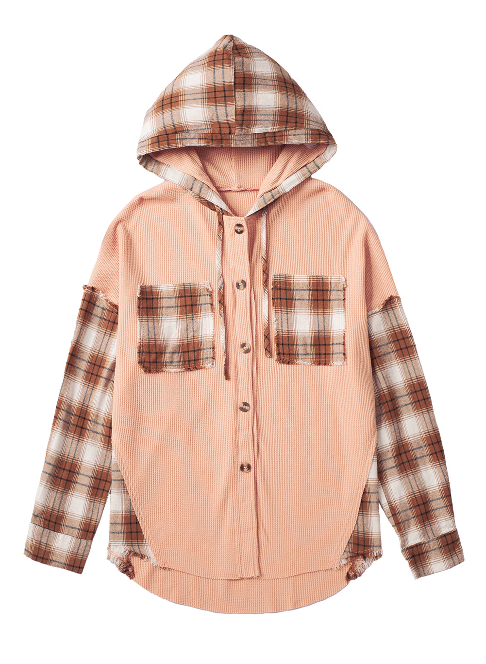 Khaki Waffle Knit Plaid Patchwork Hooded Shacket featuring a stylish plaid design and cozy waffle knit fabric.