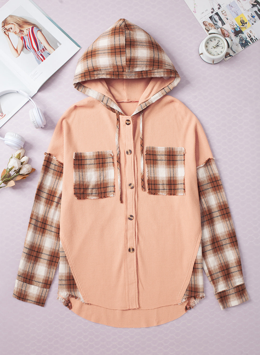 Khaki Waffle Knit Plaid Patchwork Hooded Shacket featuring a stylish plaid design and cozy waffle knit fabric.