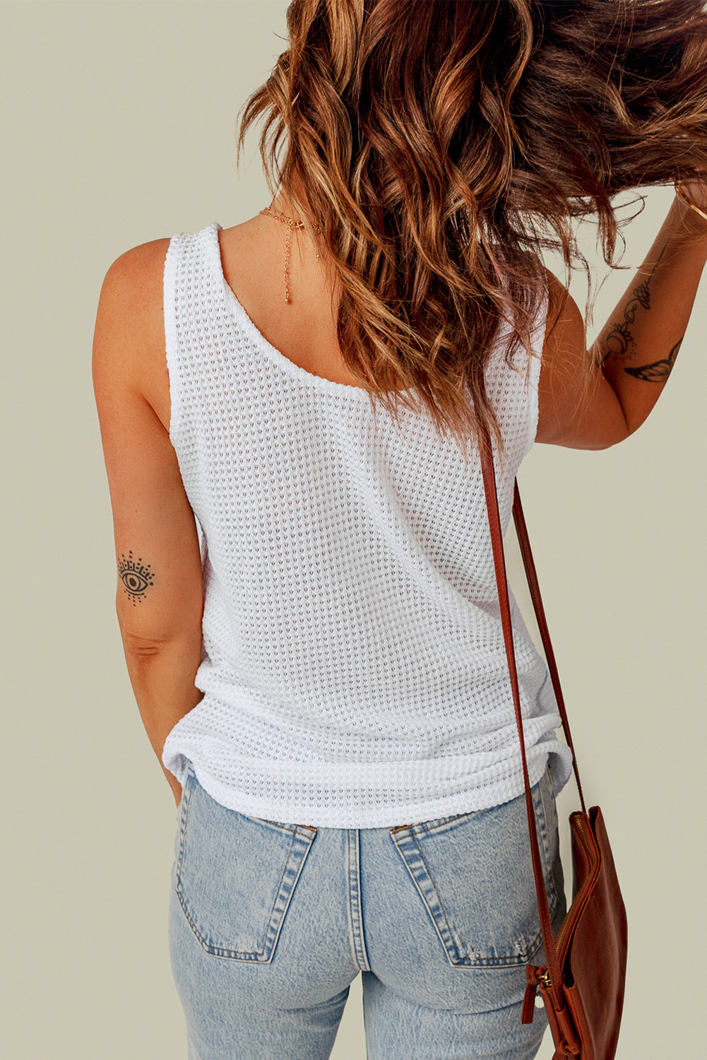 Khaki Waffle Texture Tank Top featuring a scooped neckline, wide shoulder straps, and an accent chest pocket.