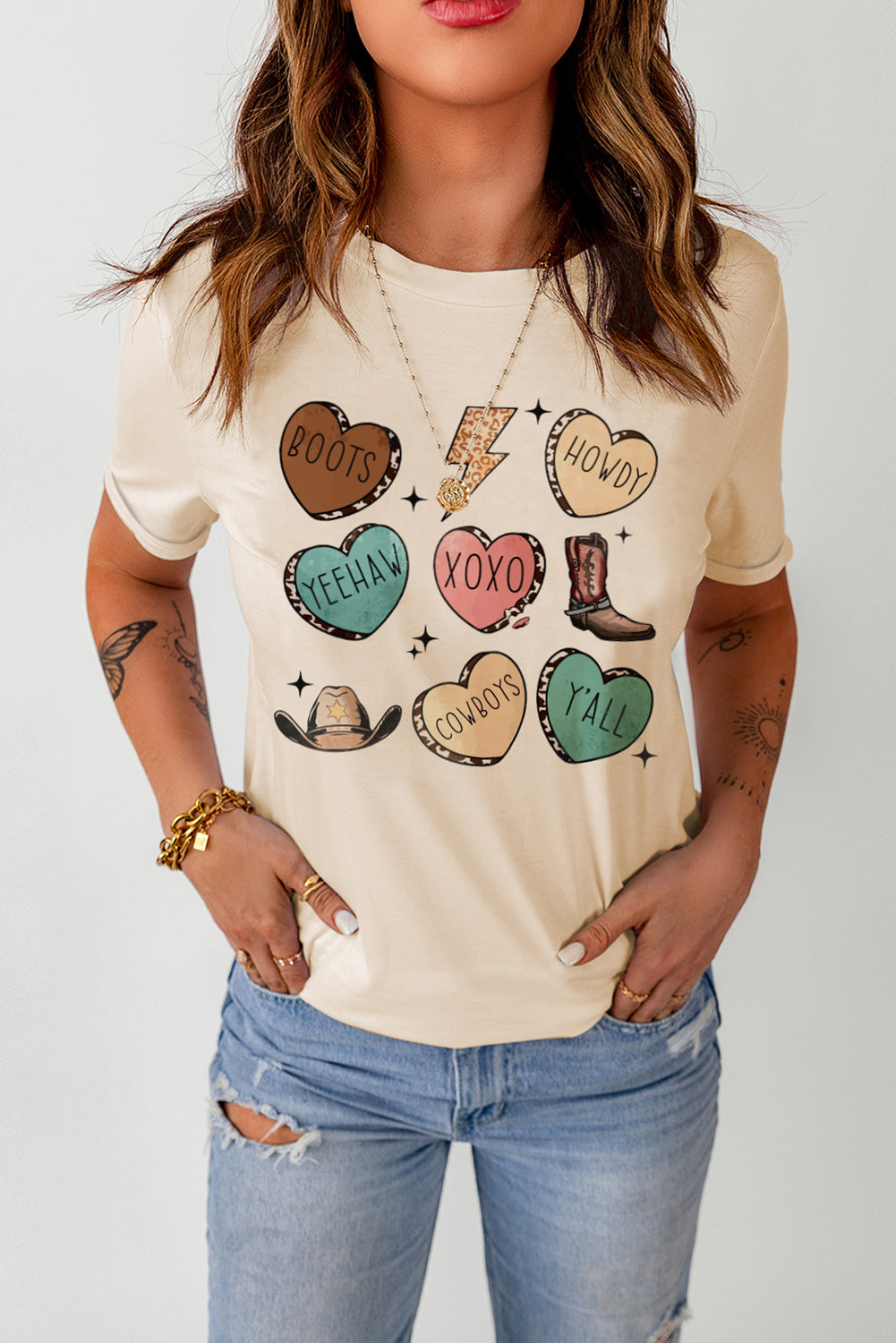 Khaki Western Fashion Valentine Graphic T-shirt featuring a trendy design, perfect for Valentine's Day celebrations.