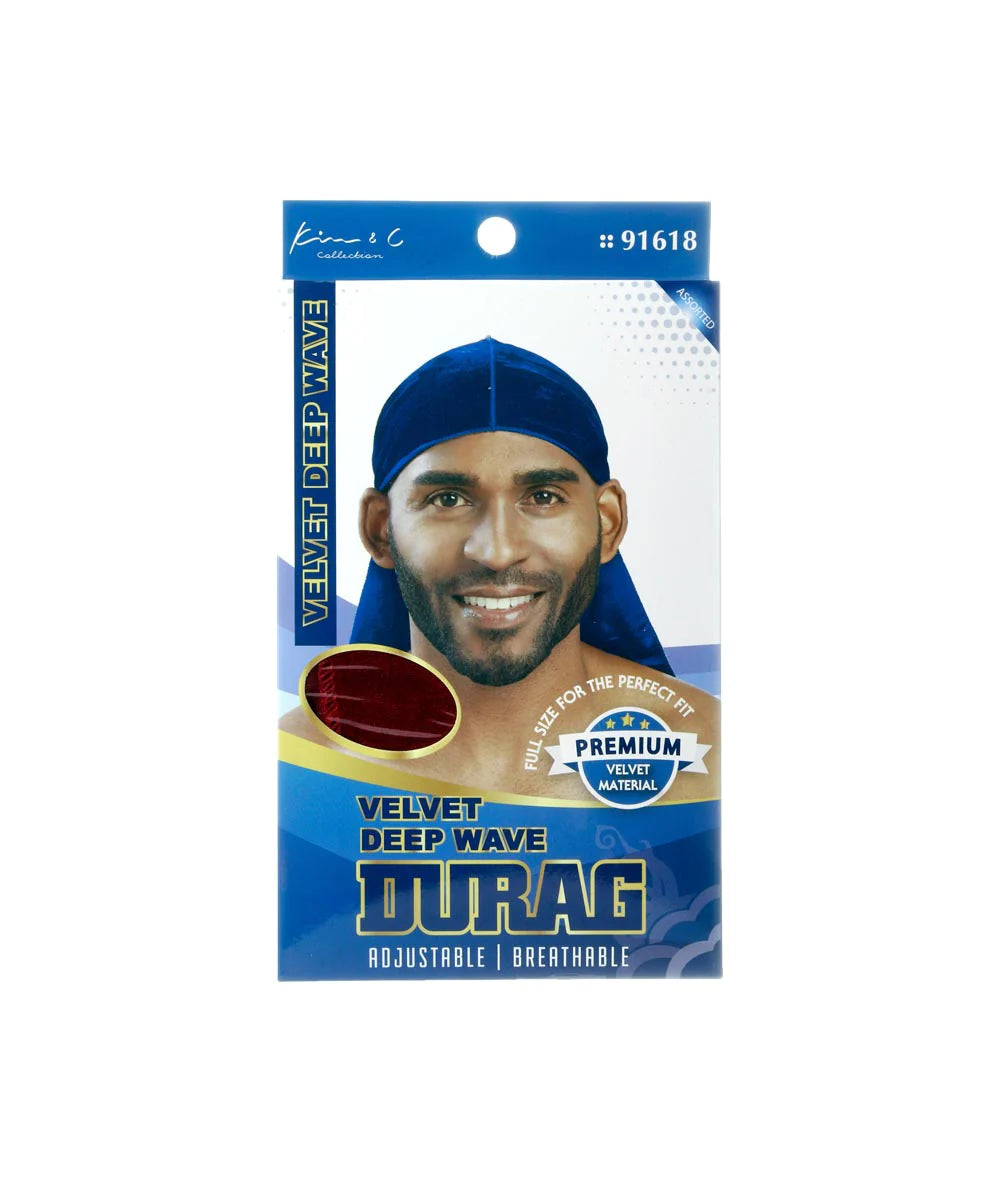 Kim & C Velvet Deep Wave Durag in soft velvet material, featuring an elastic band for a secure fit, ideal for maintaining deep wave hairstyles.