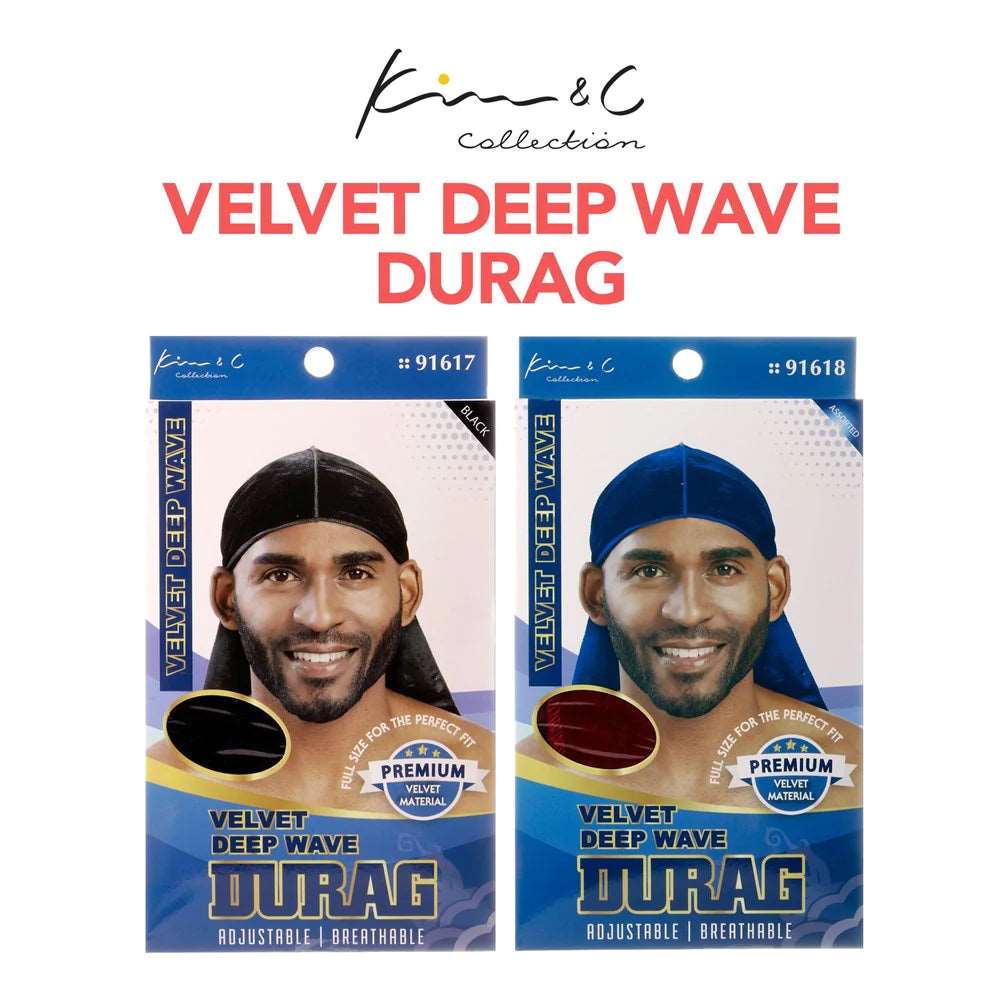 Kim & C Velvet Deep Wave Durag in soft velvet material, featuring an elastic band for a secure fit, ideal for maintaining deep wave hairstyles.