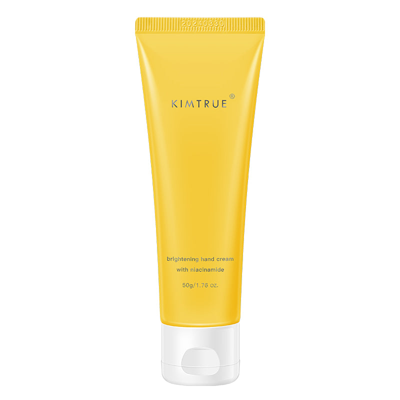 KIMTRUE Brightening Hand Cream with Niacinamide and Shea Butter in a 50g tube, featuring a mango scent and designed for dry, rough hands.