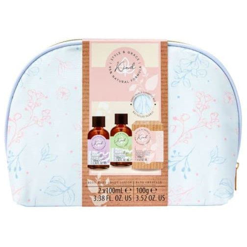 Style & Grace Kind Cosmetic Bag Gift Set with body wash, lotion, bath salts, and a stylish cosmetic bag.