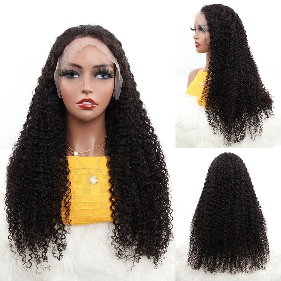 Kinky Curly 13x6 Transparent Lace Frontal Brazilian Human Hair Wig displayed on a mannequin, showcasing its natural curls and transparent lace.