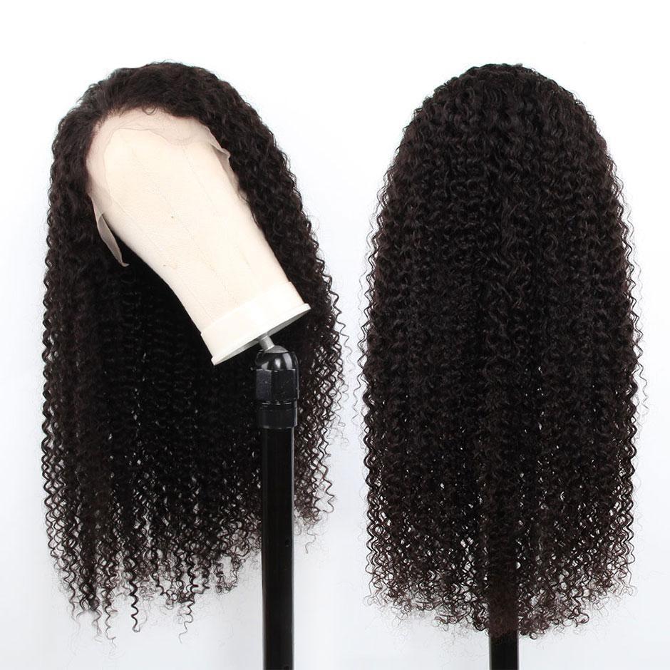 Kinky Curly 13x6 Transparent Lace Frontal Brazilian Human Hair Wig displayed on a mannequin, showcasing its natural curls and transparent lace.