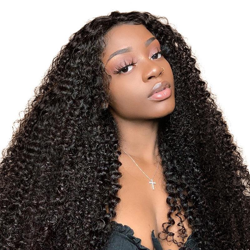 Kinky Curly 13x6 Transparent Lace Frontal Brazilian Human Hair Wig displayed on a mannequin, showcasing its natural curls and transparent lace.